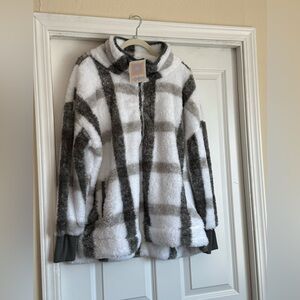 New Lularoe Medium Grey Off White Plaid Nancy Half Zip Pullover Sweater Jacket